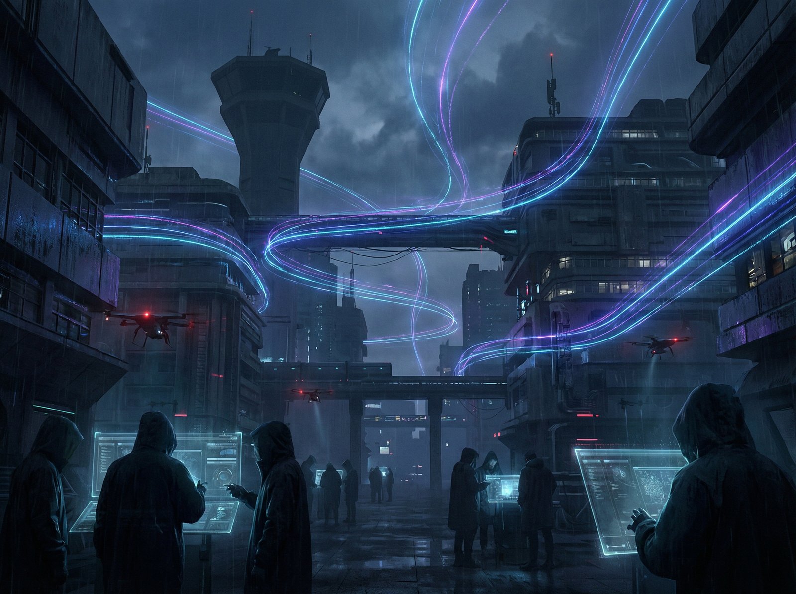 A dark, futuristic cityscape with glowing data streams, illustrating the pervasive nature of advanced AI and its potential for misuse, detailed composition, 4:3 aspect ratio, no visible text
