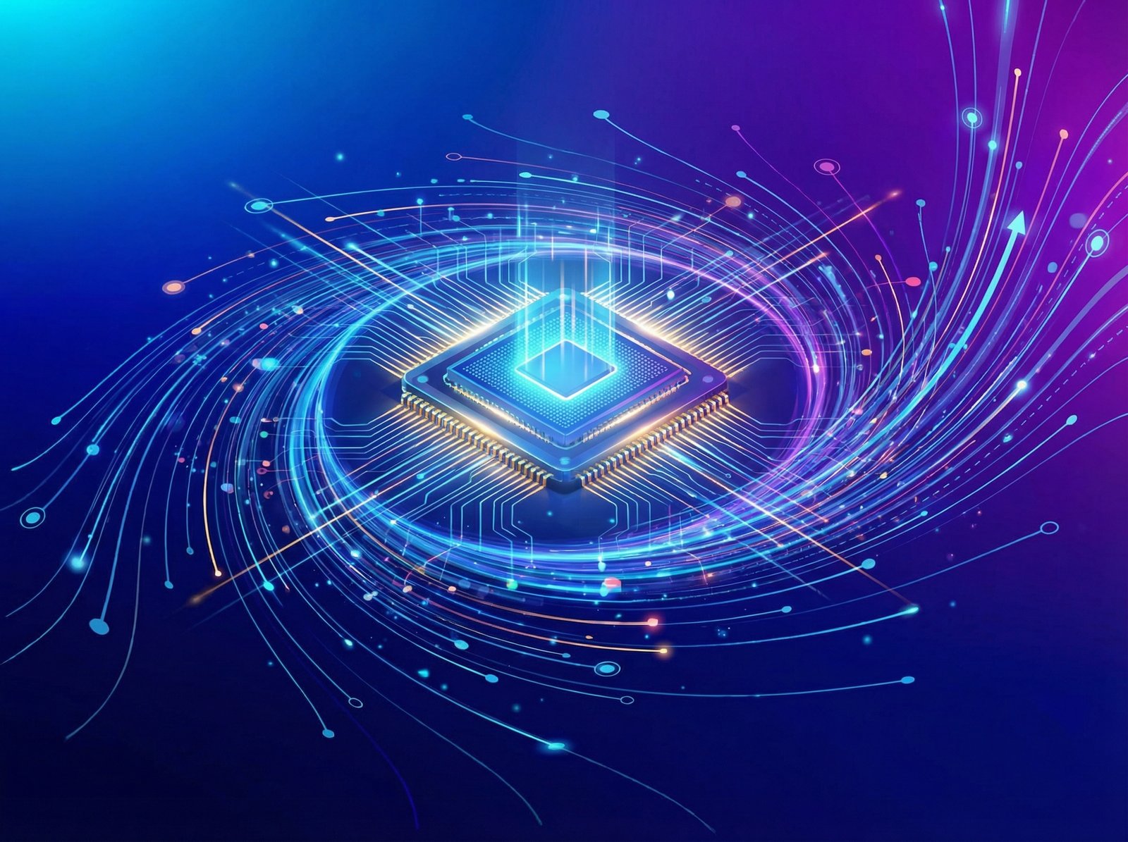A clean infographic style image of a glowing, futuristic microchip at the center of a swirling network of data and light, representing AI technology and market growth. The background is a vibrant gradient of blue and purple. Aspect ratio 4:3, no visible text, no Korean text.