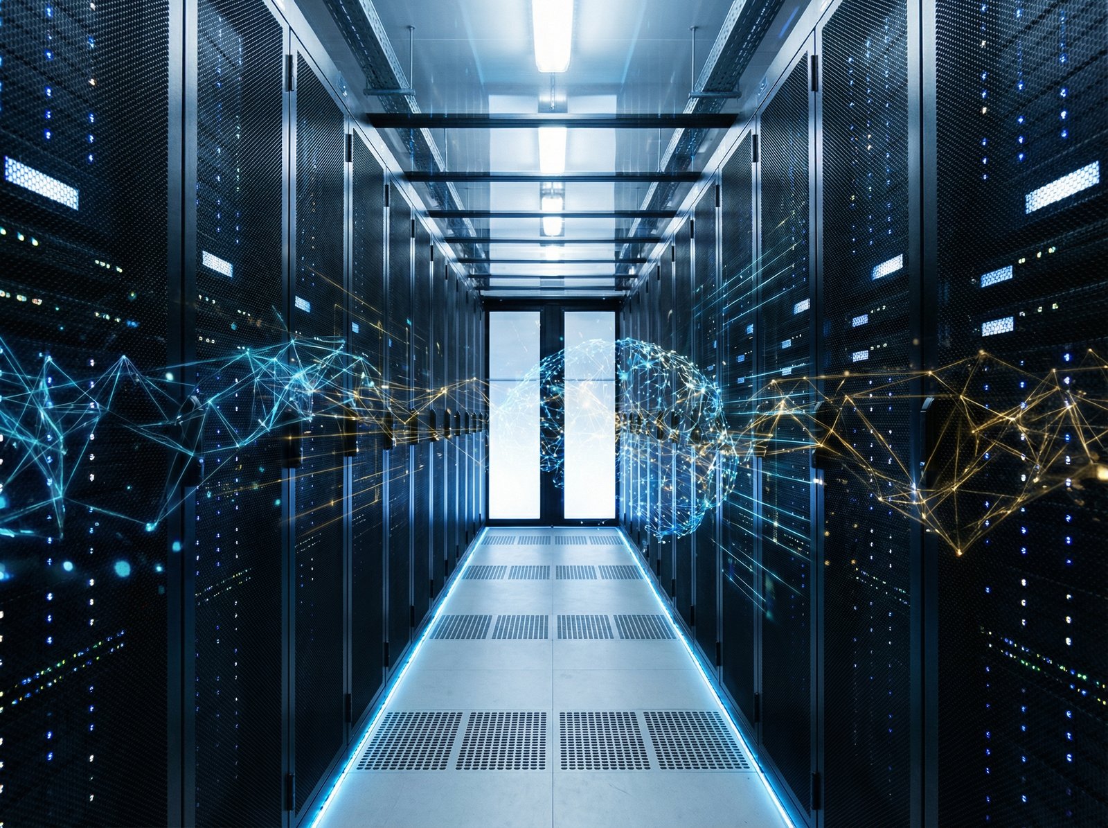 A modern, high-contrast image depicting a vast, brightly lit data center with rows of server racks. Overlayed with subtle, abstract representations of AI neural networks and data streams, emphasizing the connection between physical infrastructure and AI. Aspect ratio 4:3, no visible text, no Korean text.