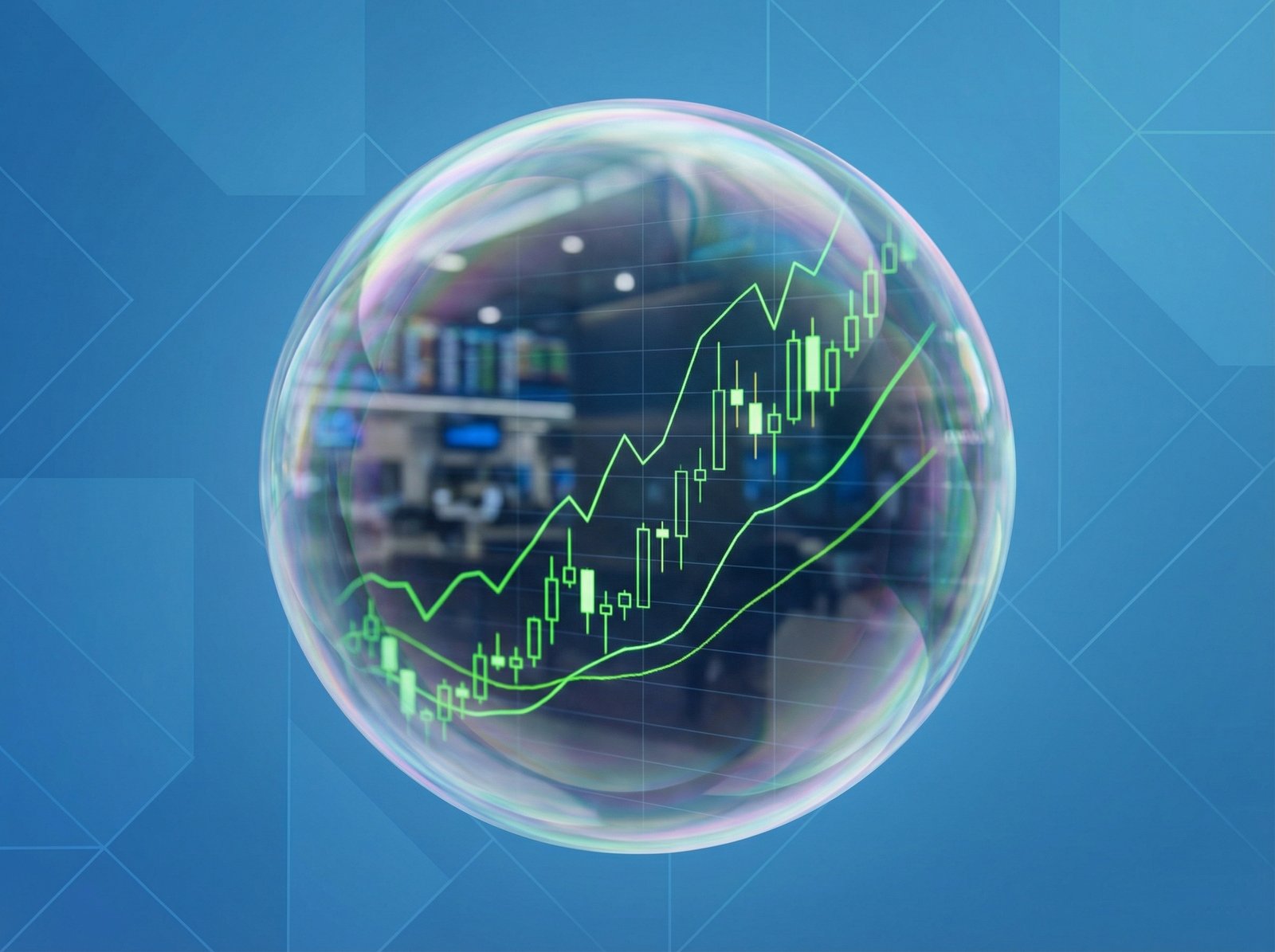 An informational style image showing a dynamic stock market chart with an upward trend, but with a transparent bubble effect surrounding it, subtly suggesting market speculation. The background is a clean, modern blue with light geometric patterns. Aspect ratio 4:3, no visible text, no Korean text.