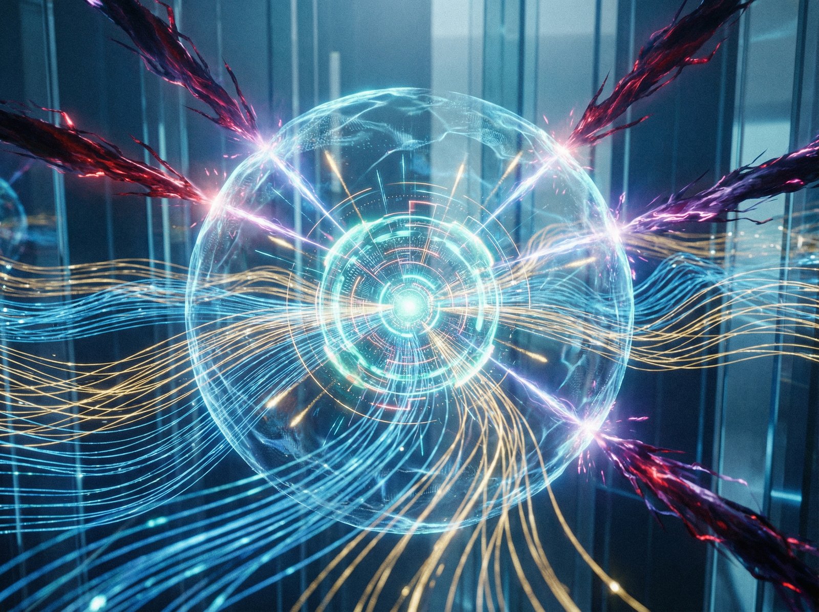 A conceptual image showing an advanced AI cybersecurity system actively protecting a digital network from incoming threats. The visuals should be futuristic and represent data flow and security. No visible text. Aspect ratio 4:3.