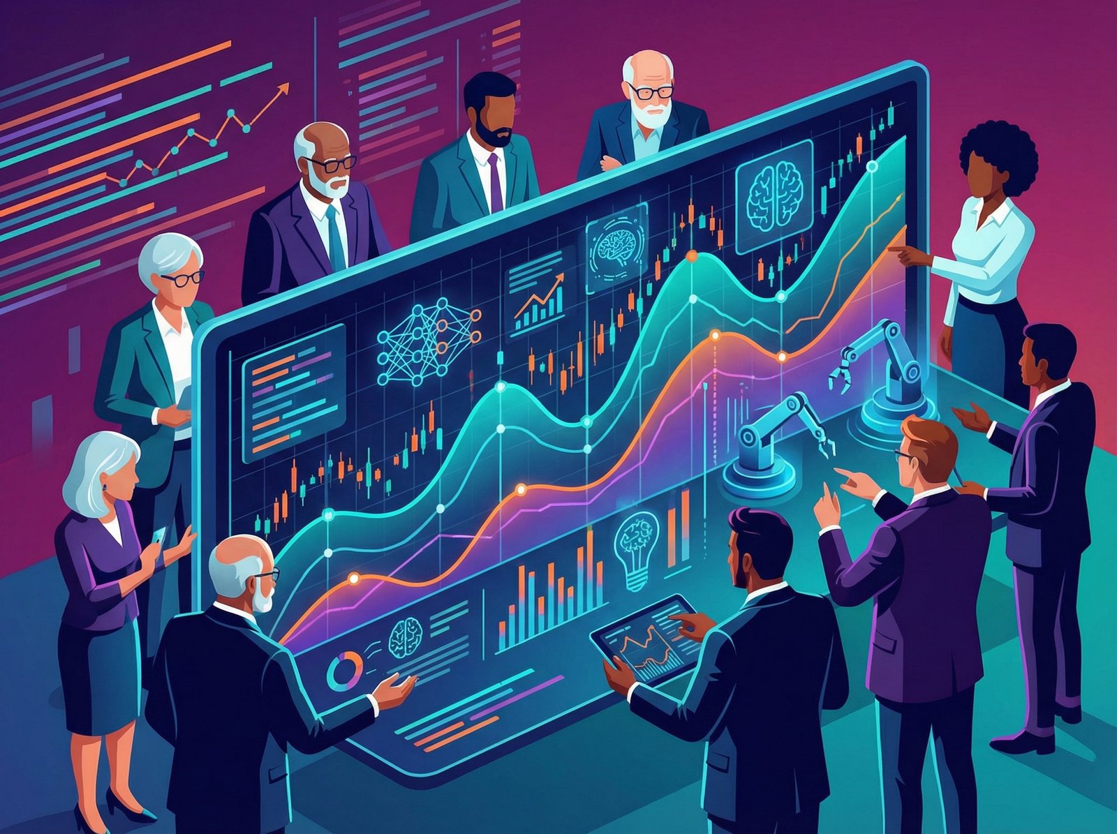 An illustration of a diverse group of investors looking at a stock market chart, with AI concepts integrated, clean infographic style, modern layout, high contrast, colored background, no visible text, 4:3 aspect ratio.