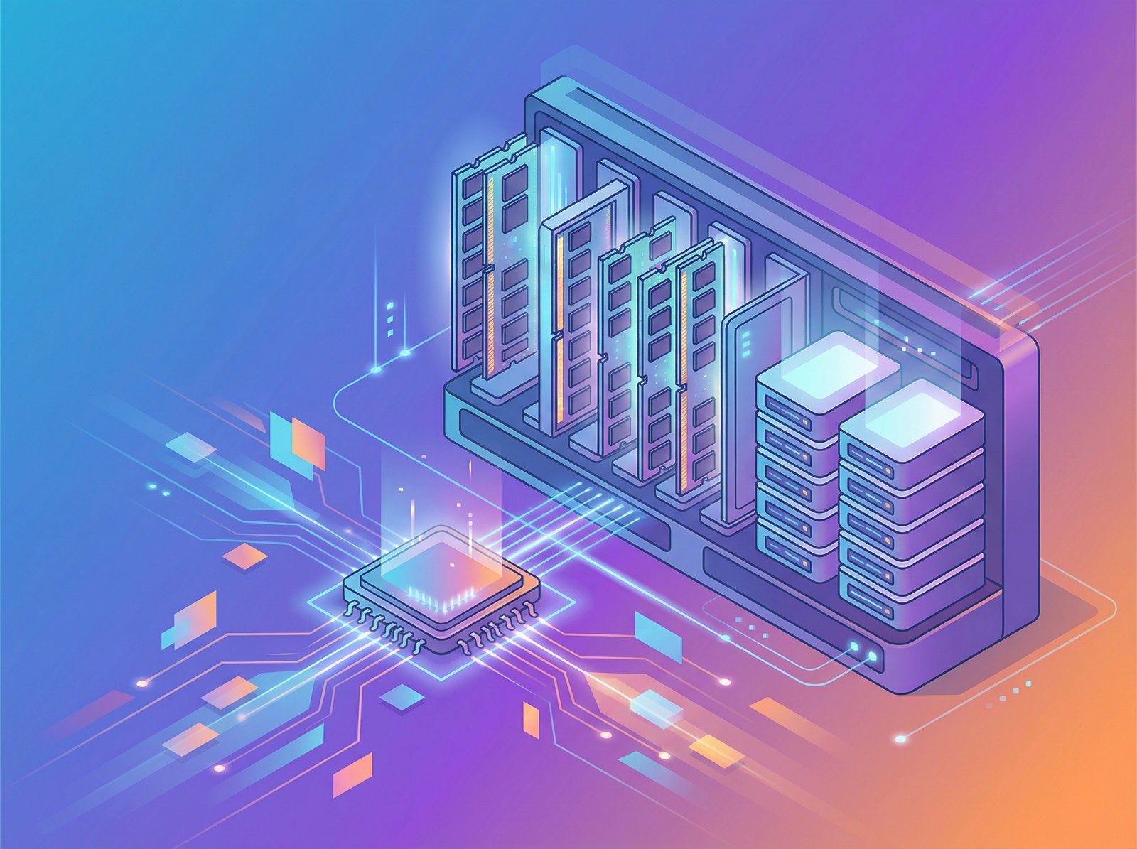 An illustration of high-performance memory chips and storage solutions in an AI data center environment, emphasizing strong demand and technological advancement, clean and precise graphic style, gradient background, no visible text, 4:3 aspect ratio.