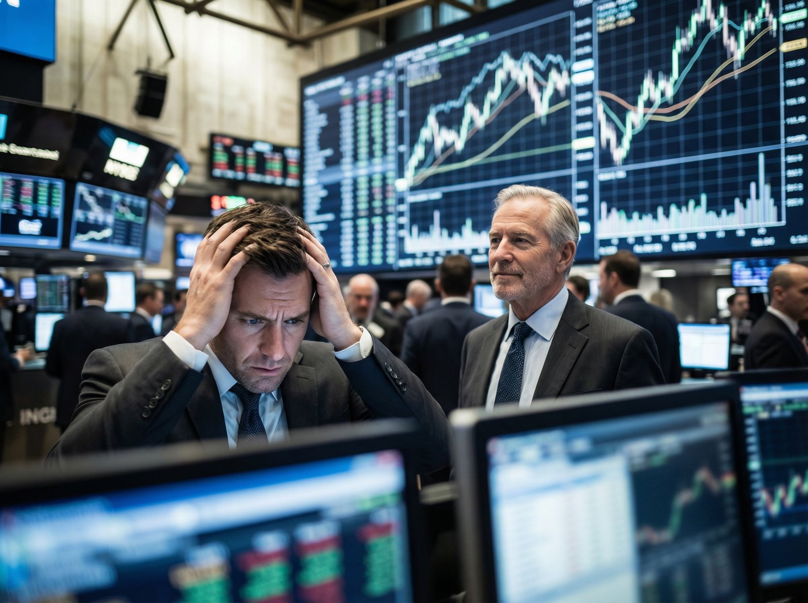 A busy stock market trading floor with digital interfaces showing AI stock charts, a worried investor in the foreground, and a confident, experienced investor looking beyond the immediate fears, informational style, high contrast, 4:3 aspect ratio, no visible text