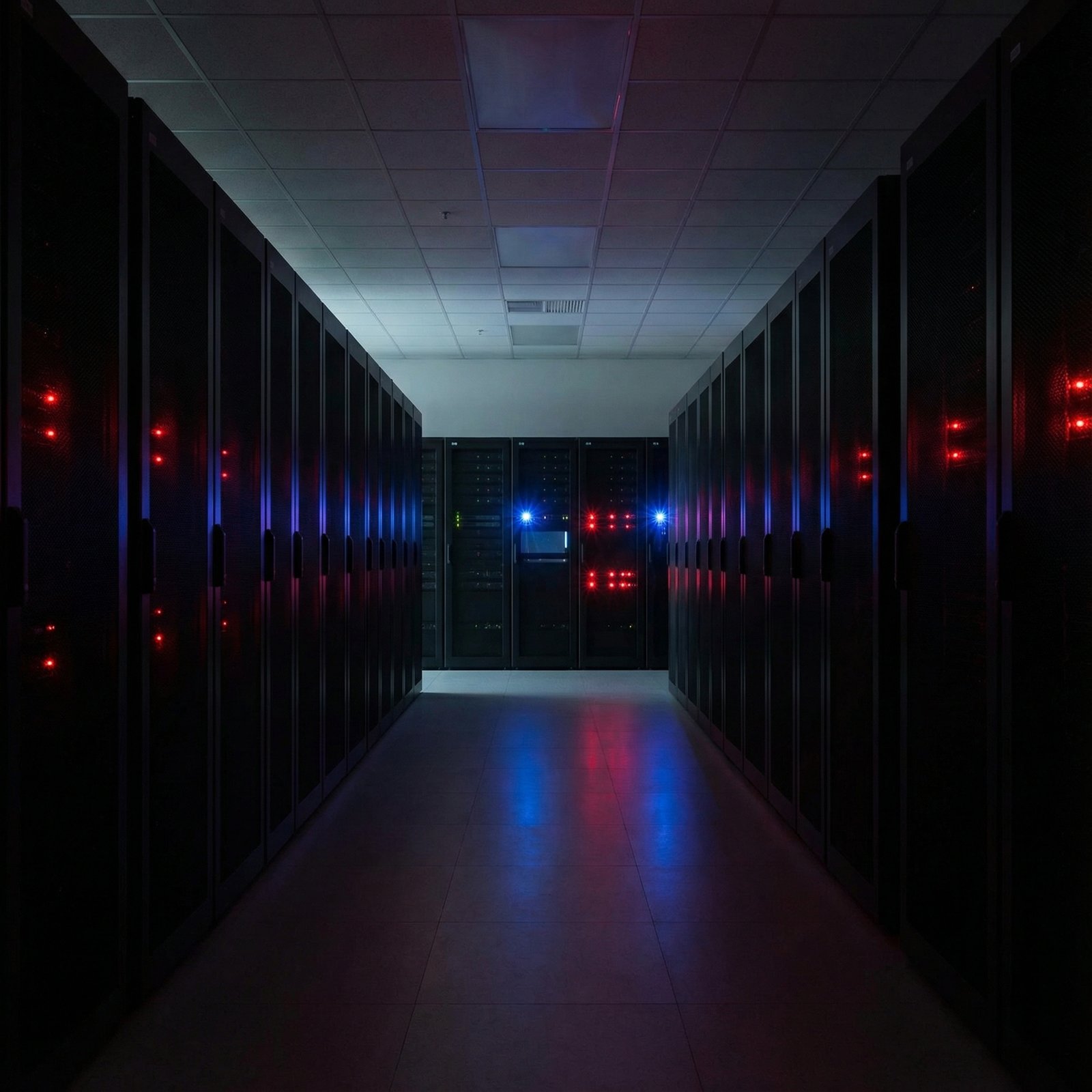 A large data center dimly lit, with some servers showing error lights, emphasizing a power outage or low power situation, modern layout, high contrast, 1:1 aspect ratio, no visible text