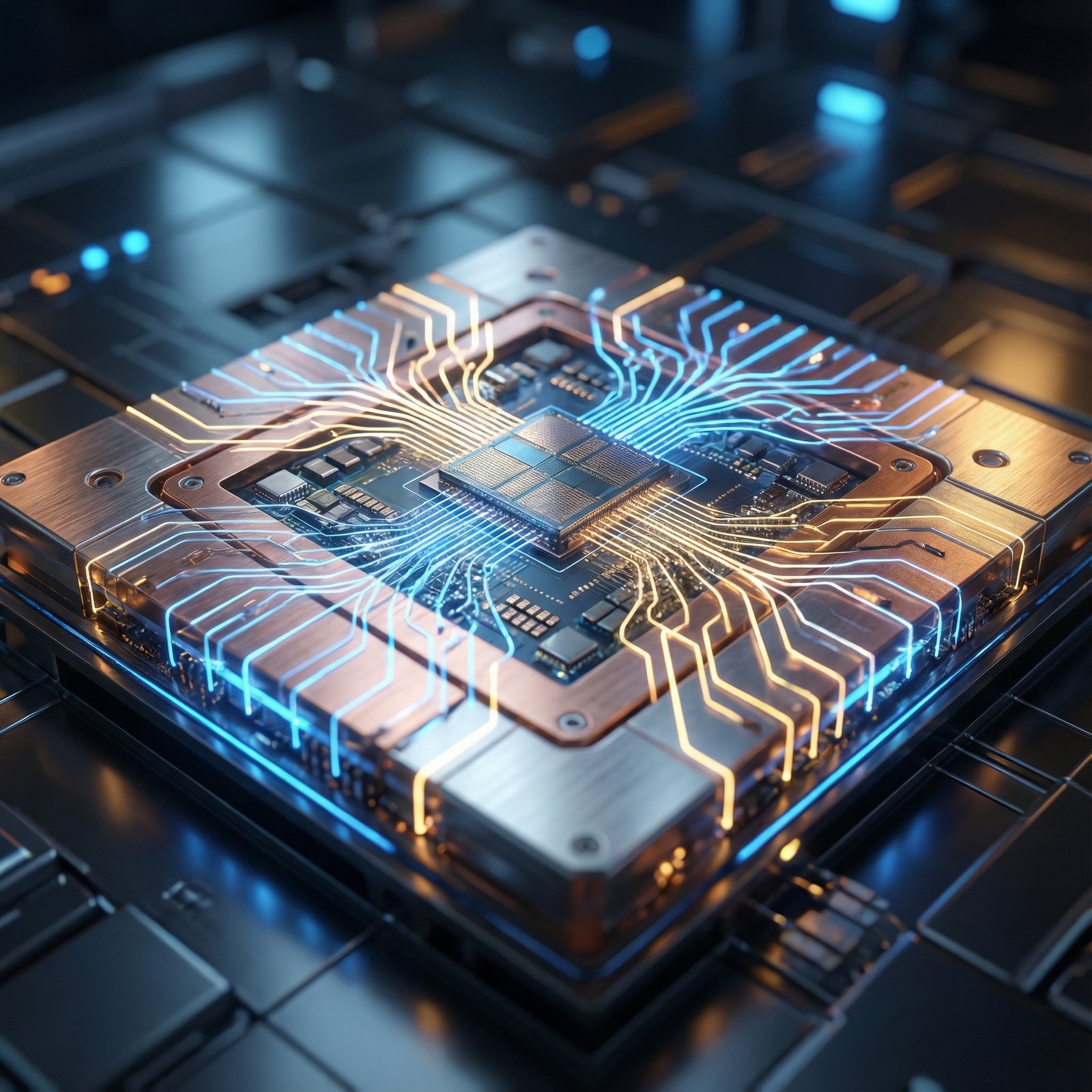 High-tech semiconductor chip with glowing circuits and neural network patterns, macro photography, metallic textures, blue and gold lighting, 1:1 aspect ratio, no text.