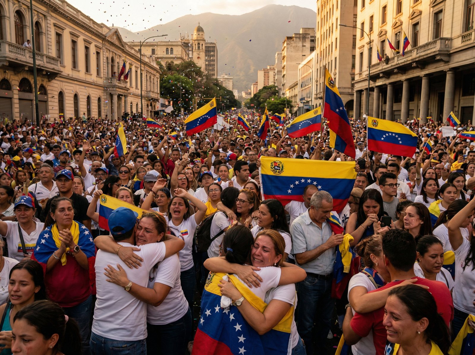 A hyper-realistic depiction of a large crowd of Venezuelan citizens celebrating in the streets of Caracas, tears of joy, waving flags, cinematic lighting, 4:3 aspect ratio, high detail, no visible text