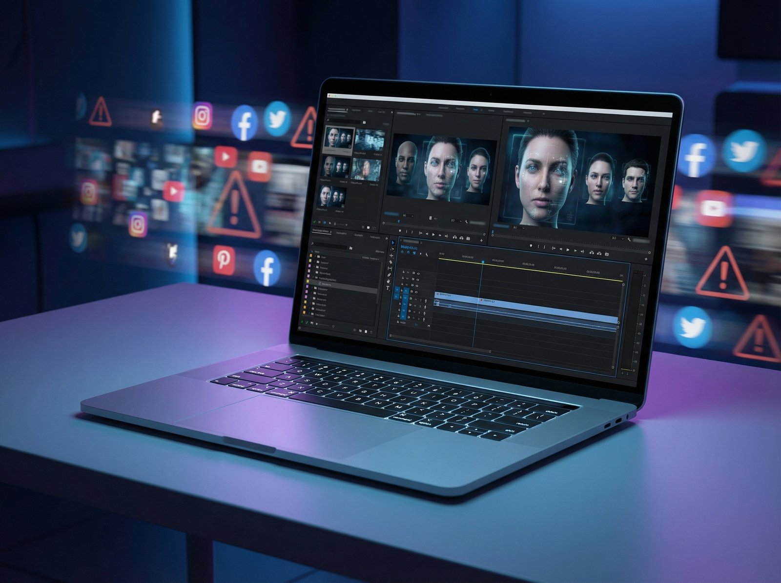 A modern laptop displaying a sophisticated video editing interface showing AI-generated human faces, background of blurred social media feeds with warning symbols, futuristic tech aesthetic, 4:3 aspect ratio, no text