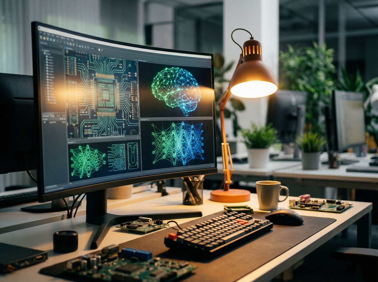 Close up of a modern office workstation, a high-tech semiconductor design software on monitor, glowing neural network patterns, warm desk lamp, professional office environment, 4:3, no text