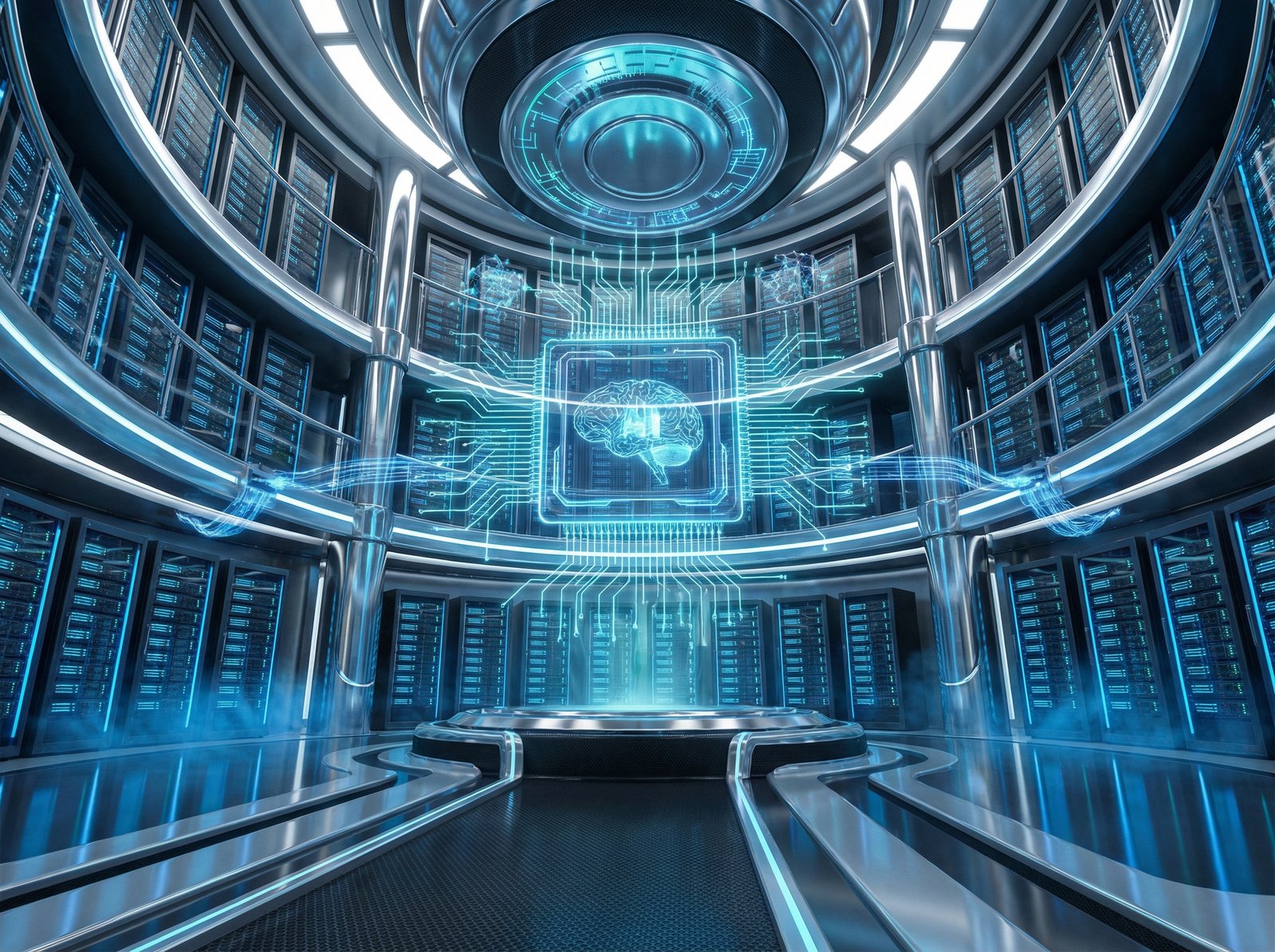 Futuristic data center interior with glowing blue light, rows of server racks, floating holographic AI chip visualization, sleek high-tech design, 4:3, no text