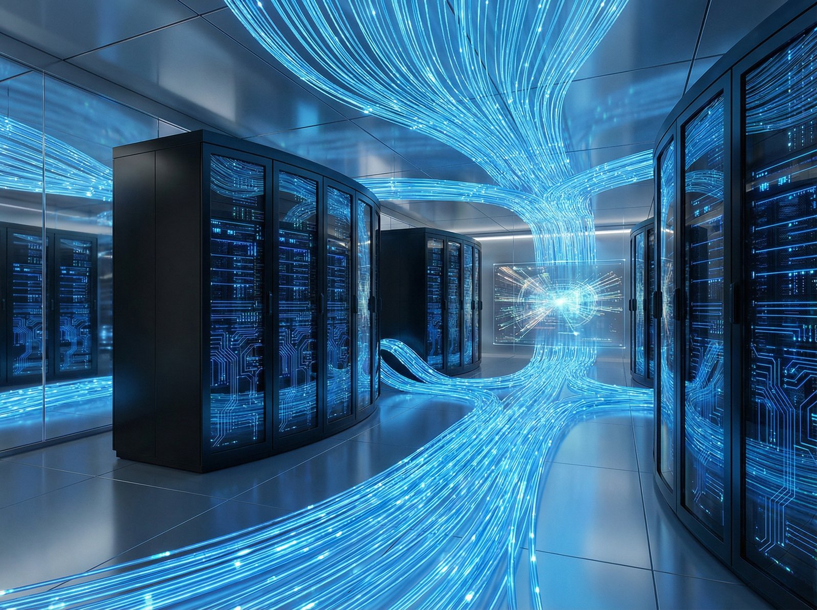 Futuristic server room with glowing blue lights, fiber optic cables, representation of high-speed data processing, sleek and technological, aspect ratio 4:3, no text