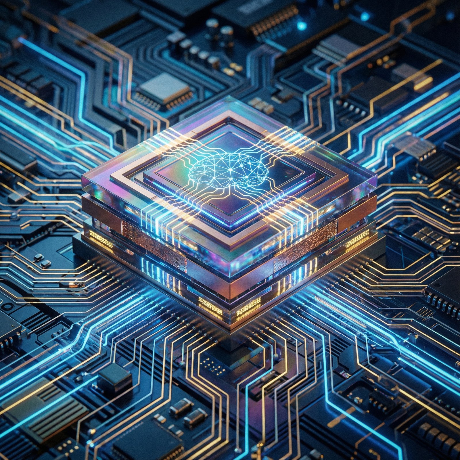 Close-up of a futuristic AI semiconductor chip on a high-tech circuit board with glowing blue and gold lights, 1:1, cinematic lighting, no text, detailed textures.