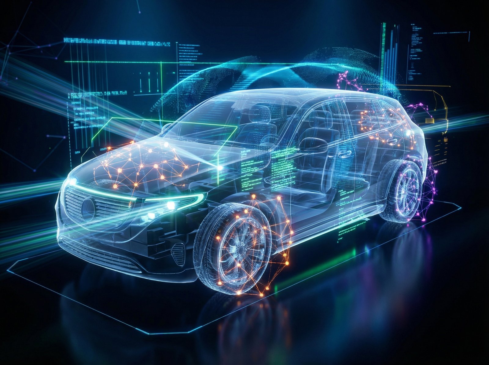 A detailed 3D visualization of a modern electric car surrounded by complex sensor data streams and digital scanning lines, neural network patterns overlaying the vehicle, high contrast lighting, 4:3 aspect ratio, no text