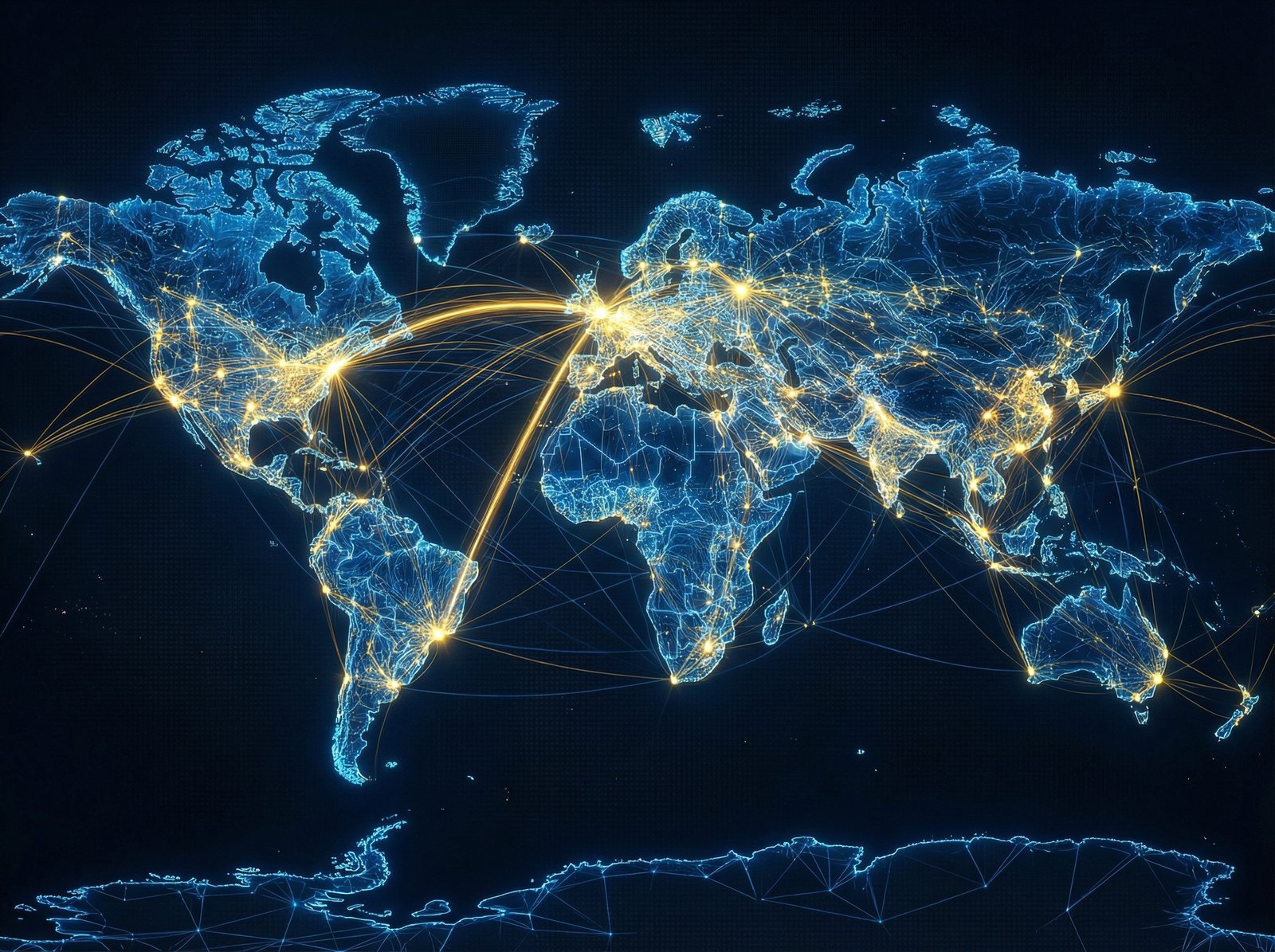 A digital map of the world with glowing lines connecting major cities, symbolizing the global expansion of AI infrastructure and sovereign AI investments, blue and gold color palette, 4:3 aspect ratio, no text