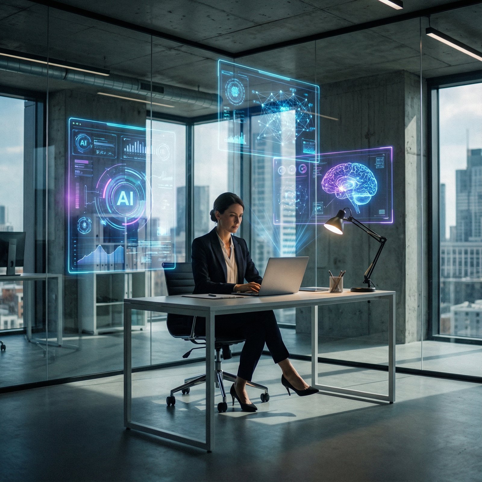 A professional working on a laptop in a modern high-tech office with glowing digital holographic interfaces representing artificial intelligence and data networks. Clean, cinematic lighting, high contrast, 1:1 aspect ratio, no text.