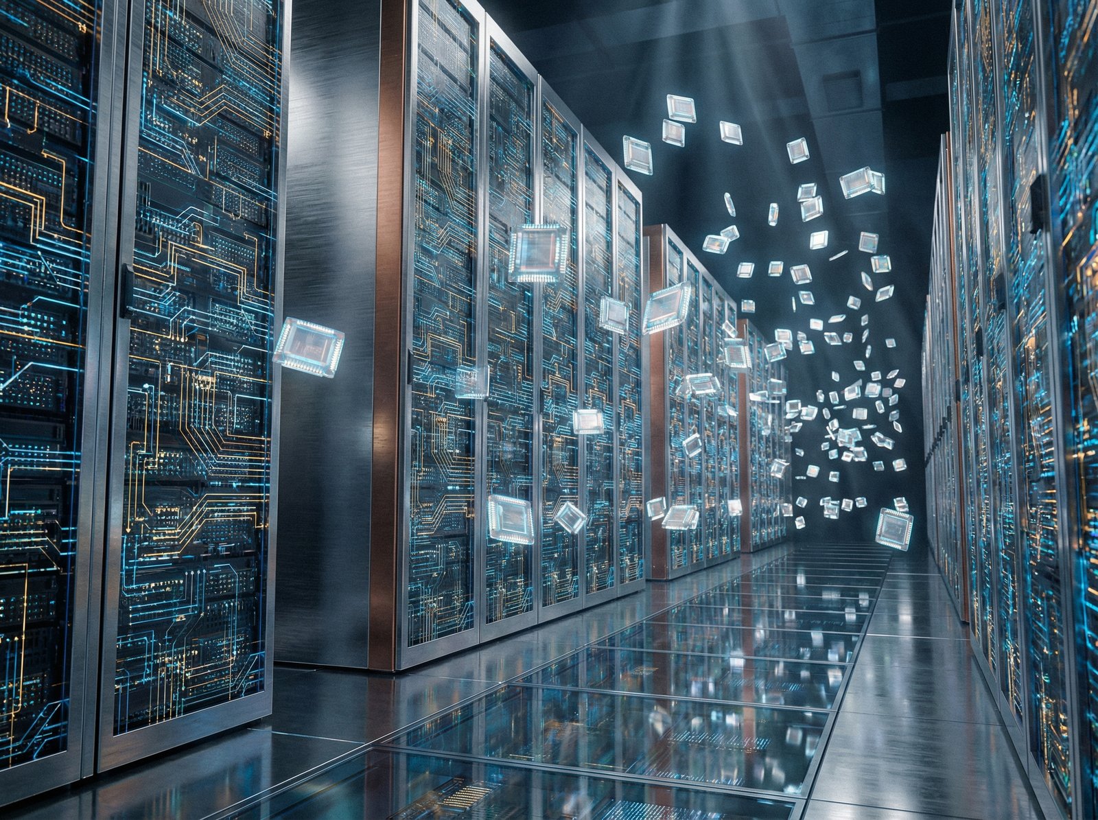 Futuristic high-tech data center with glowing blue and gold circuits, 3D memory chips floating, sleek metallic texture, cinematic lighting, professional photography style, 4:3 aspect ratio, no text.
