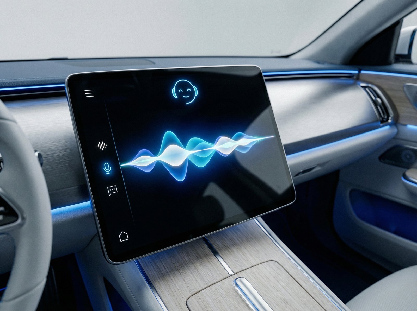 Close up of a car dashboard screen displaying a friendly AI assistant interface with voice wave patterns, clean and modern UI design, blue and white color scheme, futuristic interior background, 4:3 aspect ratio, no text
