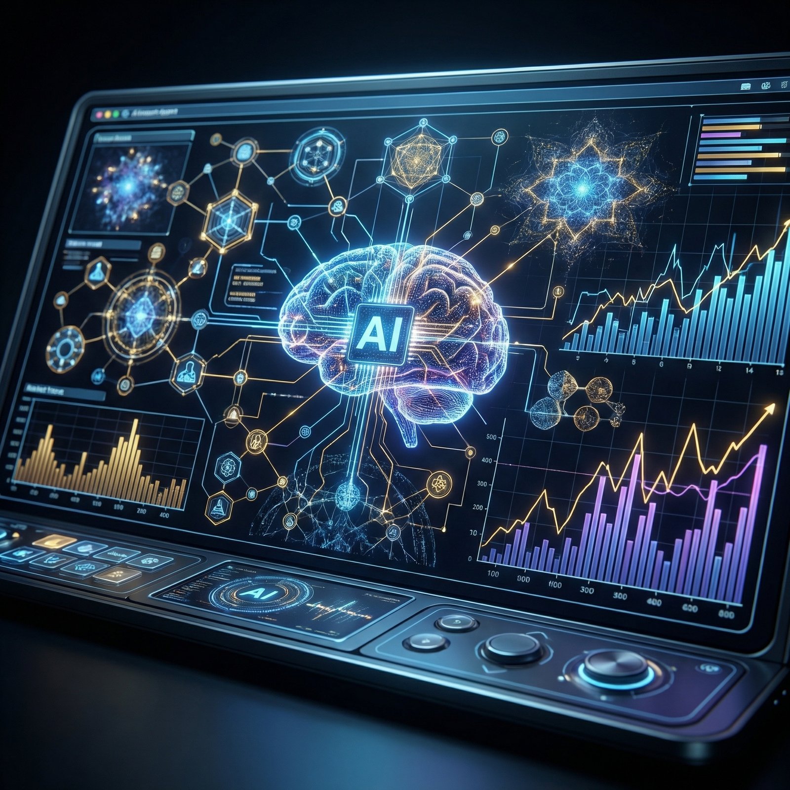 A detailed view of a futuristic AI agent interface performing complex data analysis and market research tasks. The screen shows glowing nodes and connections. High contrast, clean layout. 1:1 aspect ratio, no text.