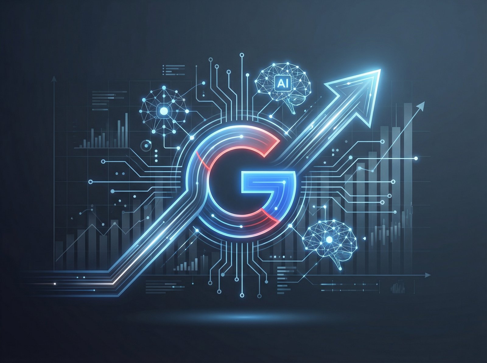 A modern and clean infographic showing the Alphabet Google logo with a large glowing upward arrow and digital AI network patterns in the background, professional finance theme, high contrast, 4:3 aspect ratio, no text