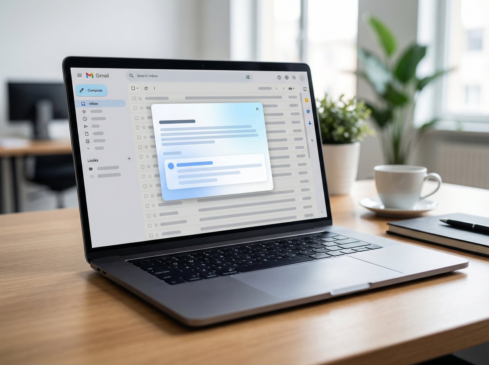 A sleek modern laptop screen showing a Gmail inbox with a clean minimalist pop-up window containing an AI-generated summary of a long email thread. Soft blue and white interface, professional workspace background, high contrast, 4:3 aspect ratio, no visible text.
