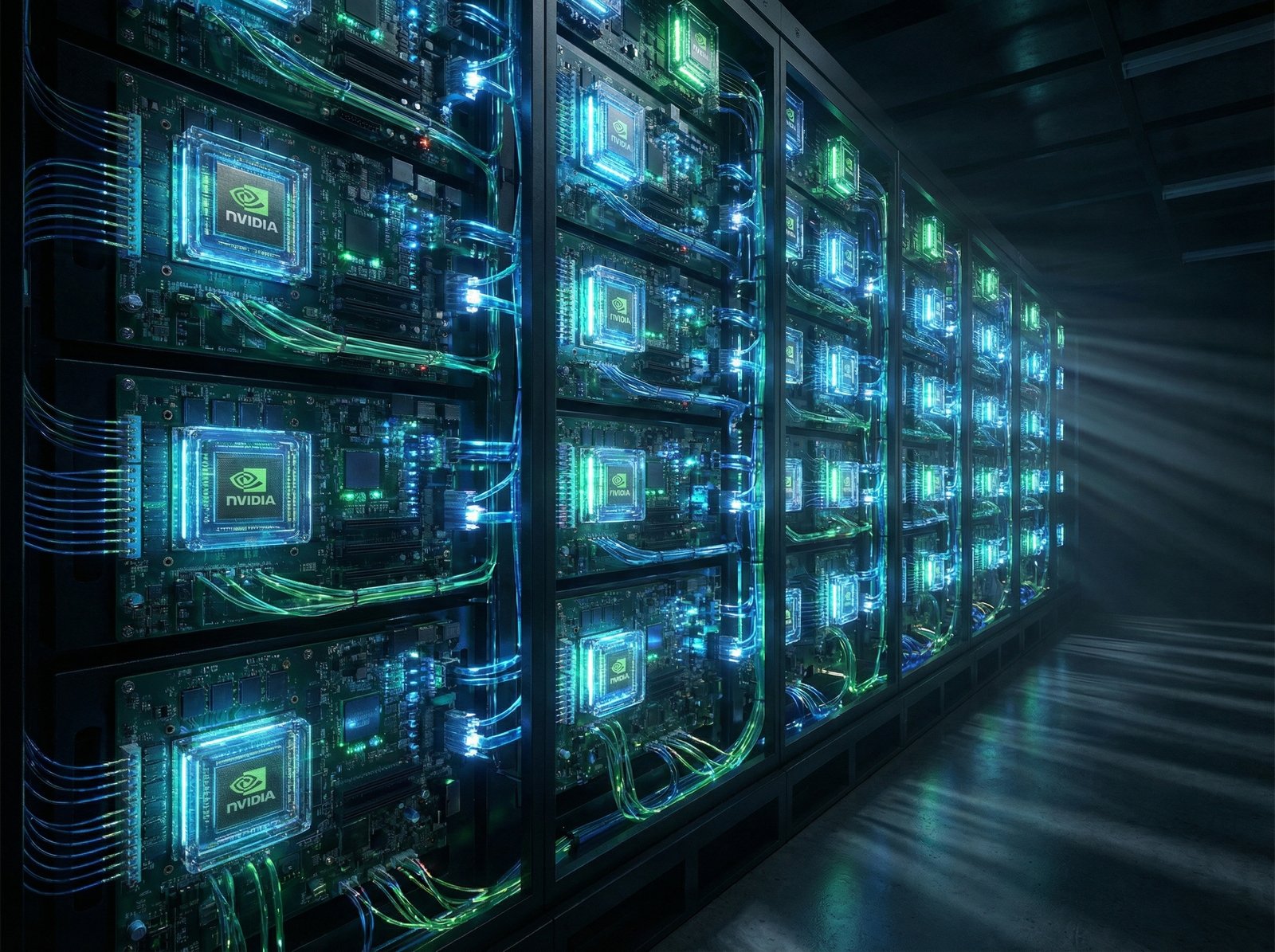 A futuristic and high-tech visualization of Nvidia AI chips glowing with blue and green light, integrated into a massive data center server rack, cinematic lighting, 4:3 aspect ratio, no text.