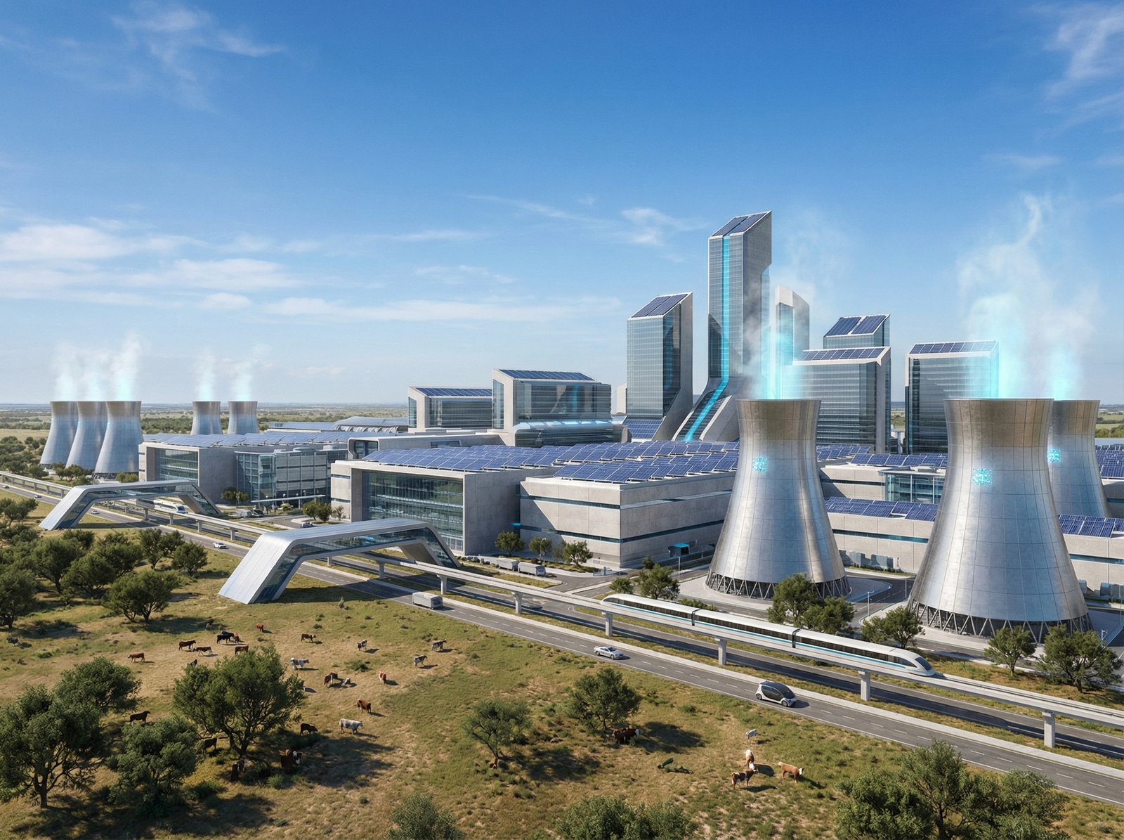 A wide-angle landscape of a massive, futuristic AI data center in a rural Texas setting. The building is sleek with solar panels and cooling systems, set against a bright blue sky. High-tech architecture, modern infrastructure, 4:3 aspect ratio, no text.