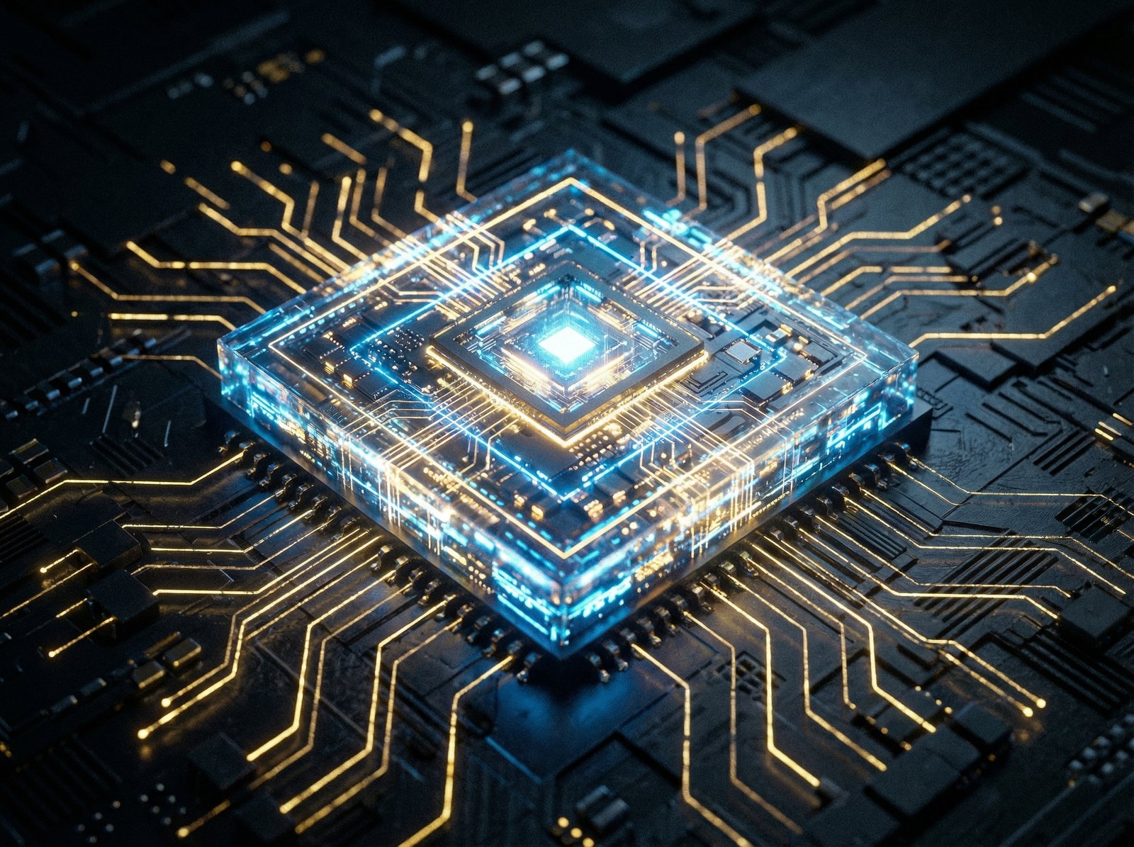 A detailed macro shot of a sophisticated computer chip on a circuit board, glowing gold and blue circuits, futuristic technology concept, high contrast, 4:3 aspect ratio, no text.