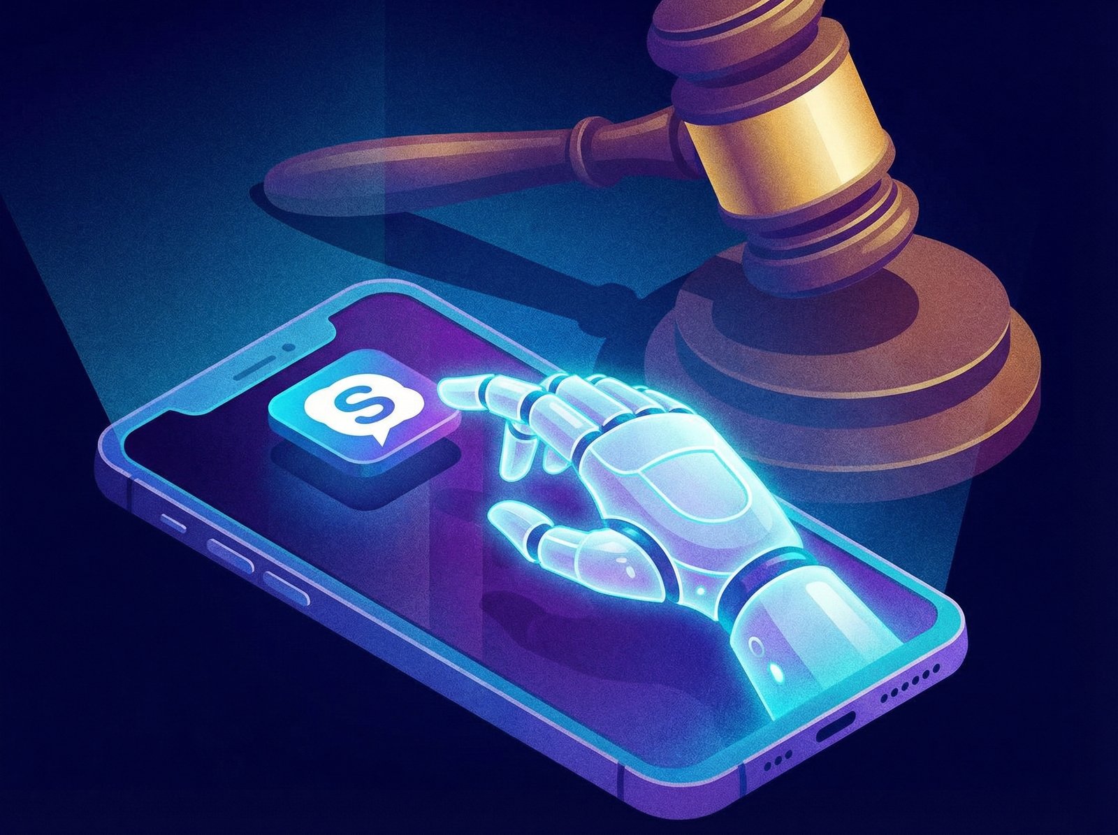 A conceptual illustration of a smartphone screen showing a stylized AI robot hand and a social media app icon, with a gavel of justice looming in the background, modern digital art style, 4:3 aspect ratio, no text.