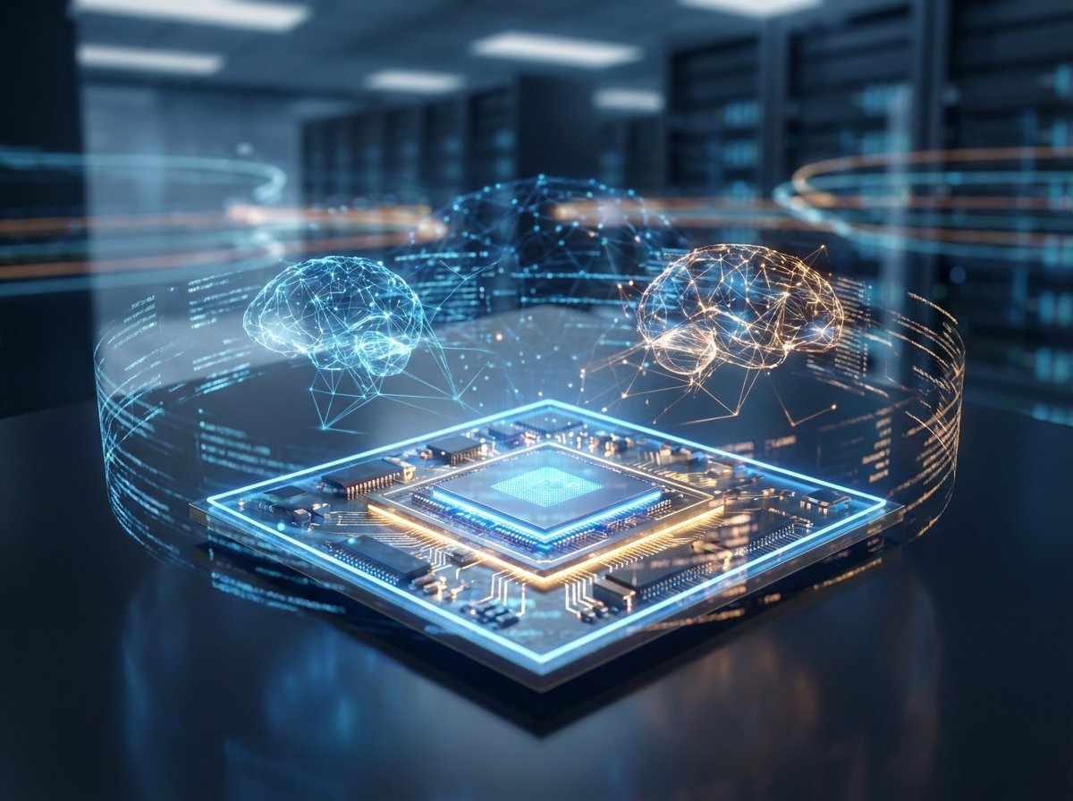 A futuristic high-tech semiconductor chip glowing with blue and gold light, surrounded by digital data streams and neural network patterns, representative of AI memory technology, 4:3 aspect ratio, cinematic lighting, no text