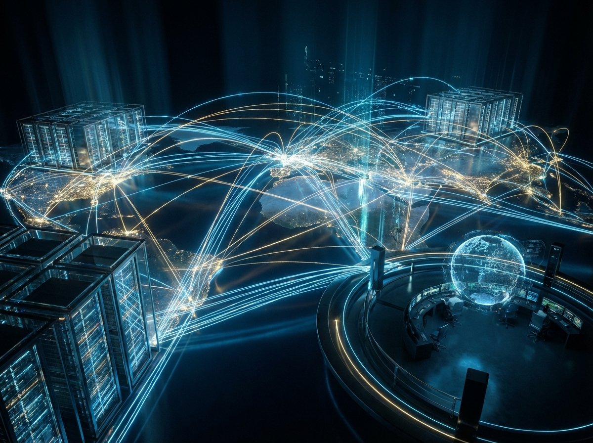 A futuristic digital network connecting global data centers with glowing blue and gold fiber optic lines, cinematic lighting, high-tech infrastructure, professional and modern atmosphere, aspect ratio 4:3, no text