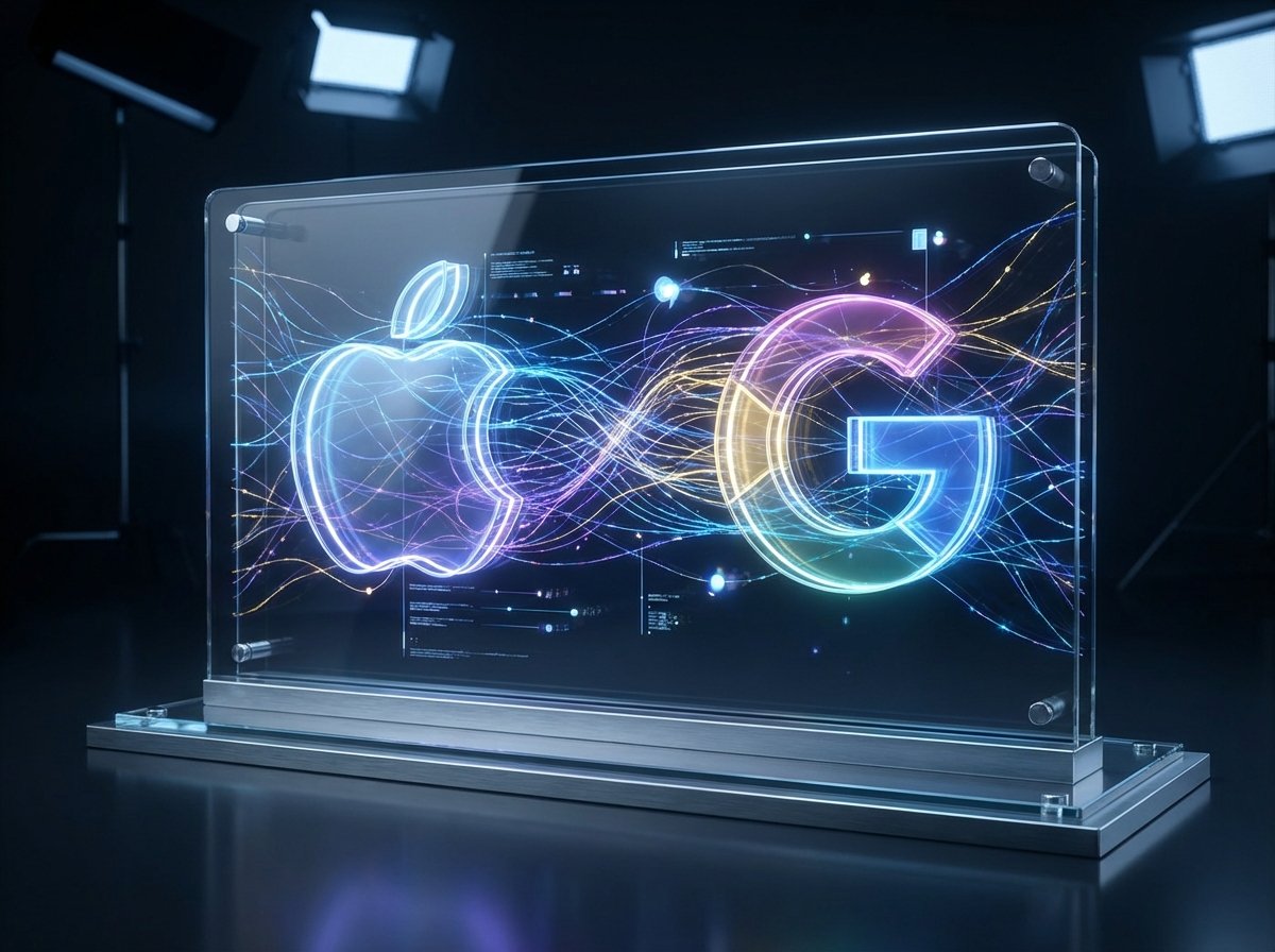 A high-tech visualization of Apple and Google logos merging through glowing neural network lines, representing a partnership for AI-powered Siri, futuristic and professional lighting, 4:3 aspect ratio, no text