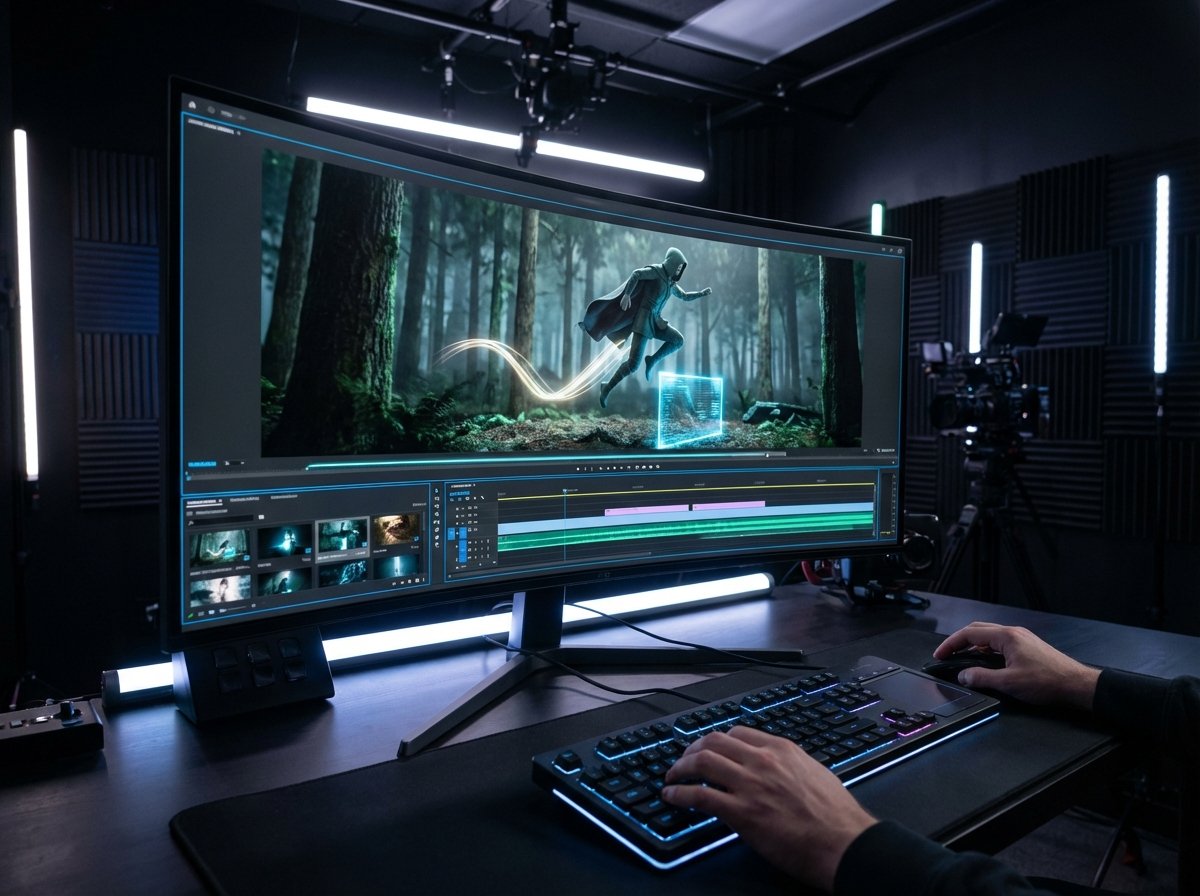 A modern AI video editing interface on a large monitor, showing a cinematic character performing actions in real-time as a user types commands, high-tech studio environment, professional lighting, 4:3, no visible text