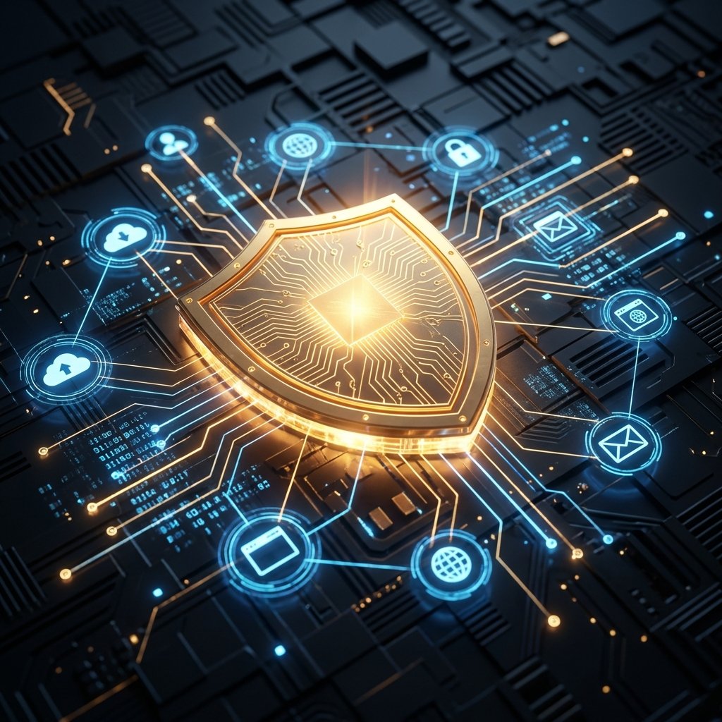 Abstract representation of data security, glowing golden shield icon overlaid on a network of interconnected digital nodes and app icons, professional and secure atmosphere, high contrast, 1:1 aspect ratio, no text.