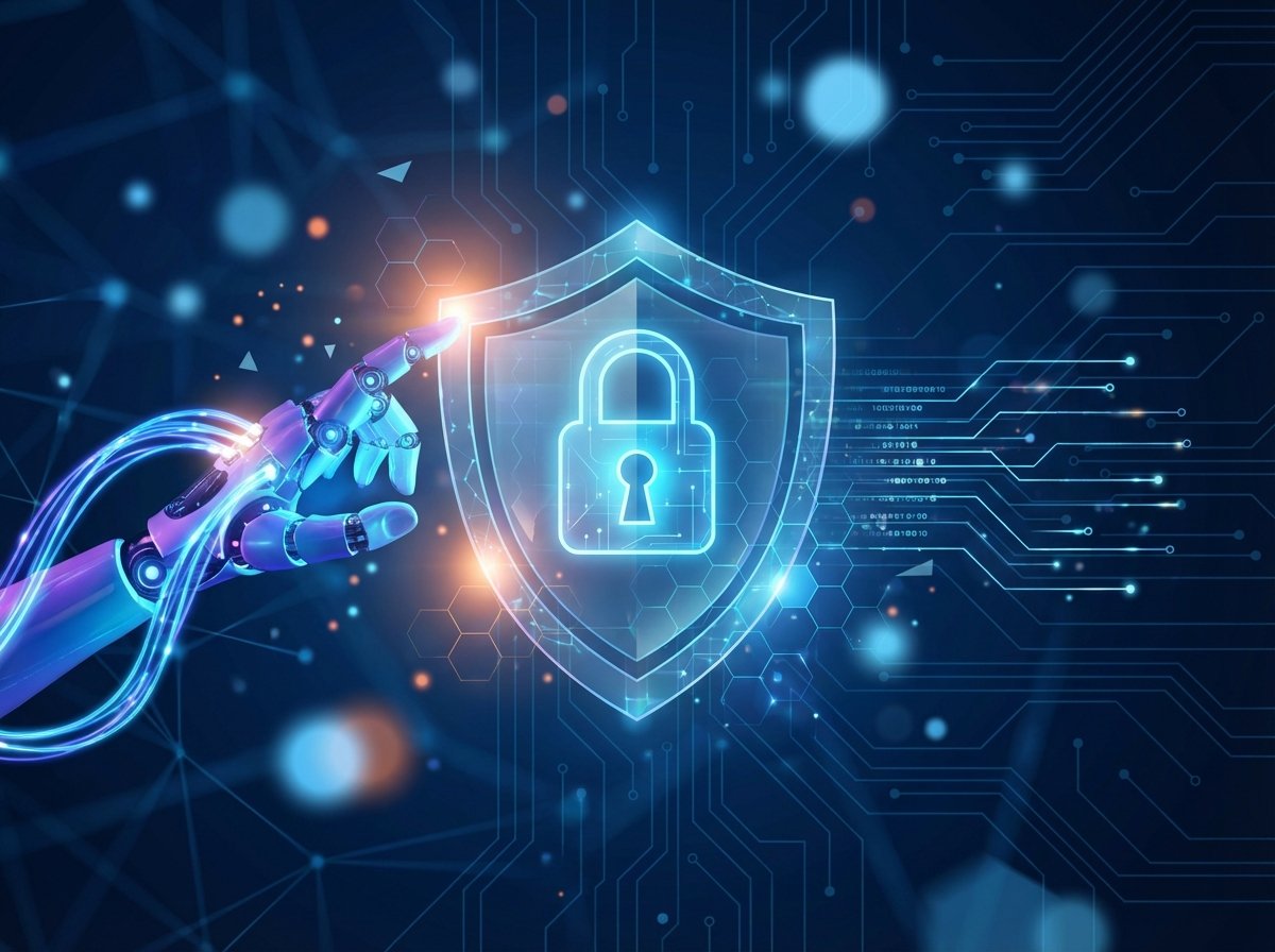 A modern digital conceptual illustration representing AI image regulation and digital safety. A glowing robotic hand interacting with a holographic shield interface showing a padlock icon. The background is a sophisticated dark blue network grid with soft light flares. High contrast, professional tech style, 4:3 aspect ratio, no visible text.