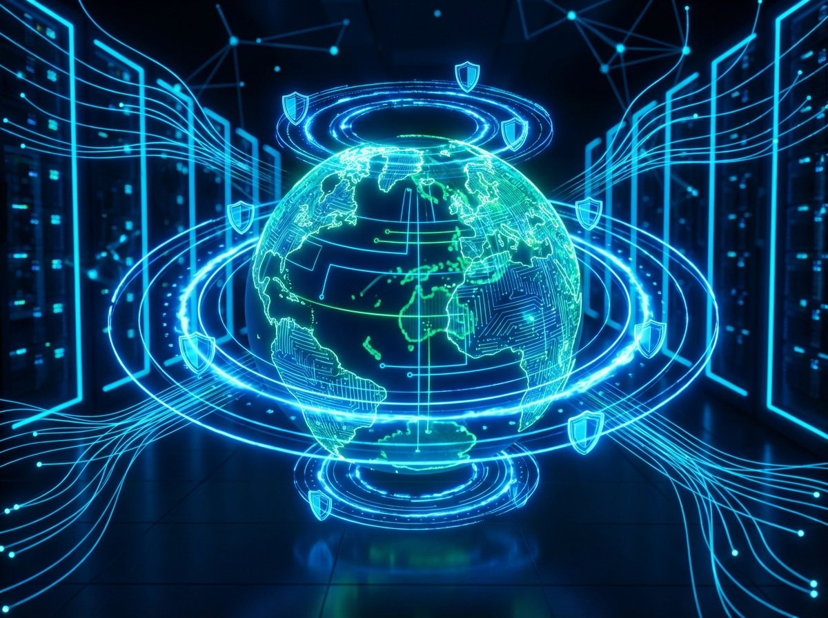 A wide-angle view of a stylized digital earth globe surrounded by glowing rings of data and shield icons. Dark background with vibrant neon blue highlights representing global connectivity and security protocols. Modern clean layout, 4:3 aspect ratio, no visible text.