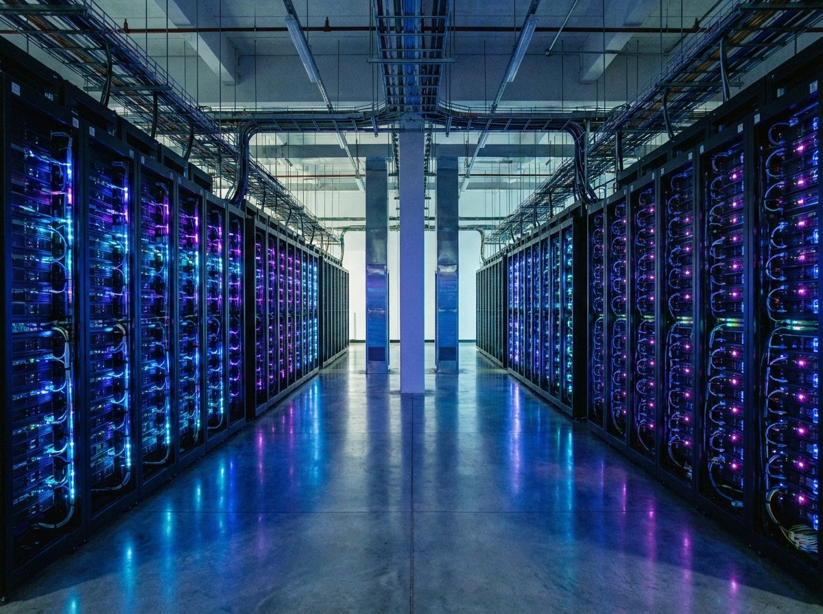 A realistic interior shot of a high-tech data center with rows of glowing AI server racks. Soft blue and purple ambient lighting reflecting on a polished floor. The scene represents the powerful infrastructure behind xAI and Grok. Professional photography style, 4:3 aspect ratio, no visible text.