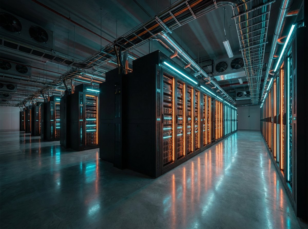 A massive modern data center with rows of high-performance servers, dramatic lighting with orange and cyan accents, futuristic tech atmosphere, wide angle, 4:3 aspect ratio, no text.