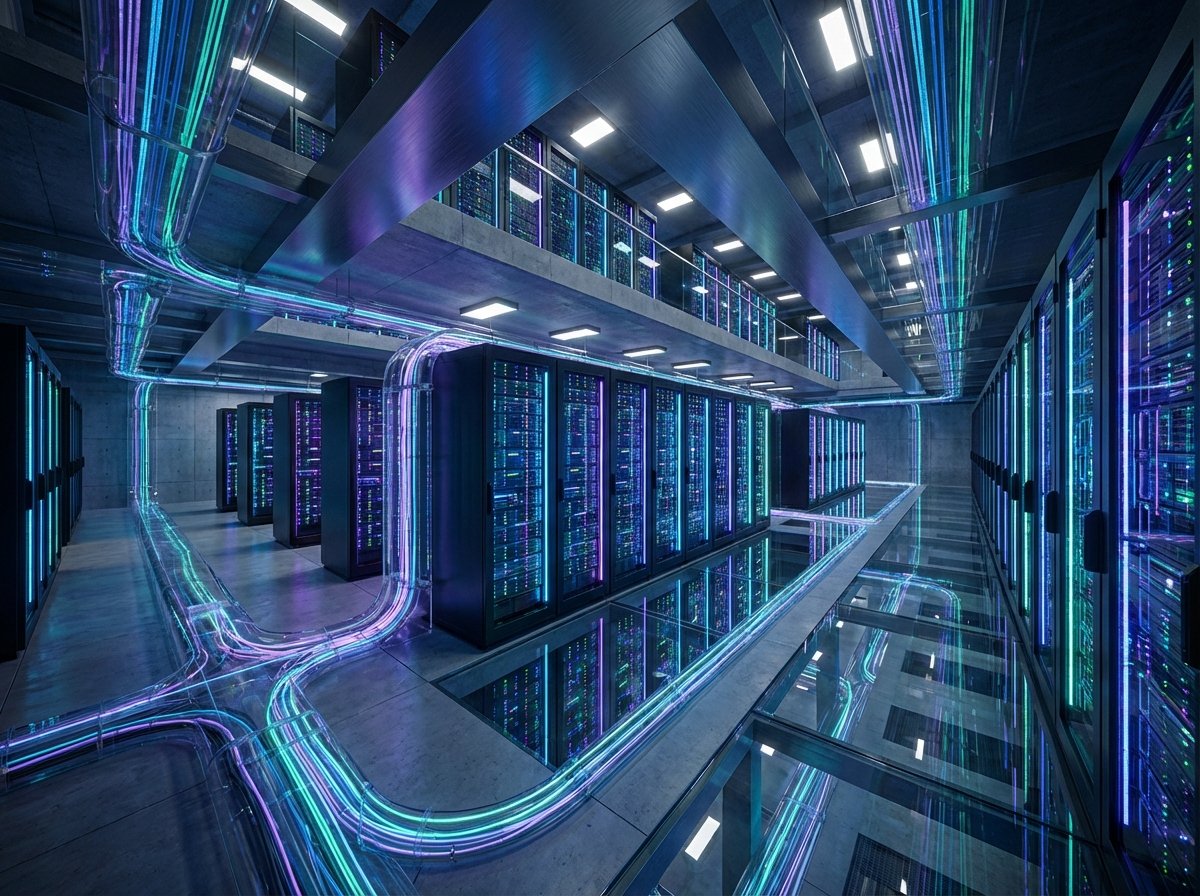 A vast futuristic data center with rows of glowing AI server racks and fiber optic cables, high contrast lighting, modern technology infrastructure concept, 4:3 aspect ratio, no visible text