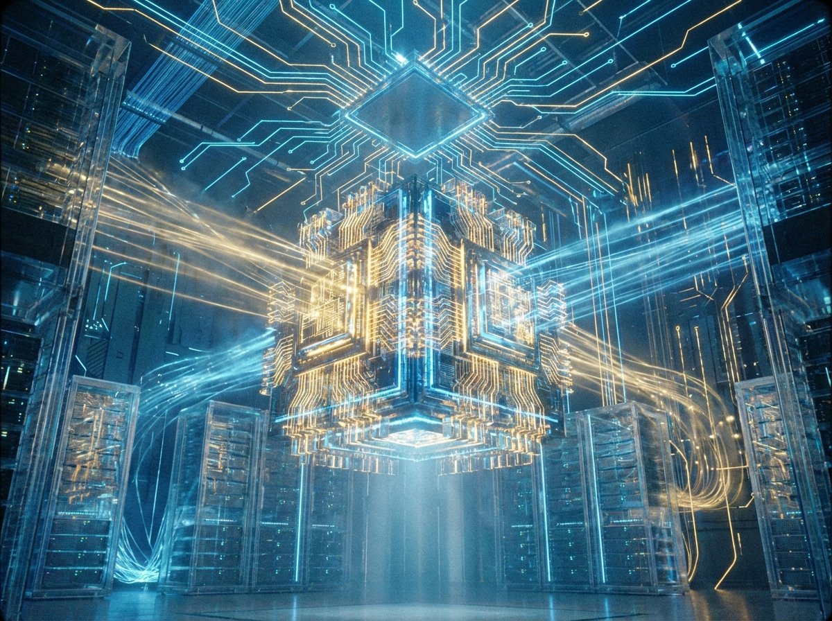 A futuristic, high-tech AI data center with glowing blue and gold circuits, featuring a large, innovative semiconductor chip at the center, cinematic lighting, 4:3, no text