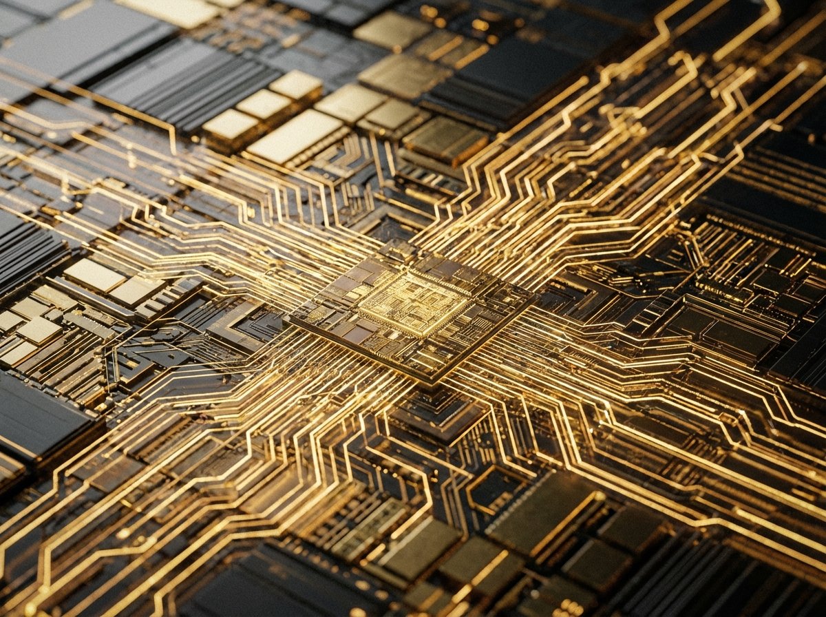 Close-up of a massive, sophisticated AI processor showing intricate golden patterns and futuristic circuitry, soft studio lighting, high contrast, 4:3, no text