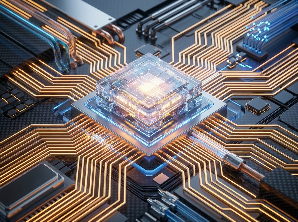 Close-up of a powerful AI processor chip integrated into a futuristic motherboard with golden circuit paths. Glowing amber and blue lighting, high-tech aesthetic, 4:3 aspect ratio, no text.