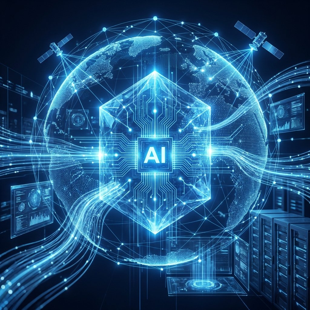 A futuristic digital visualization of a global network infrastructure connecting to a central AI data core, Cloudflare blue color palette, sleek and modern tech aesthetic, 1:1, no text