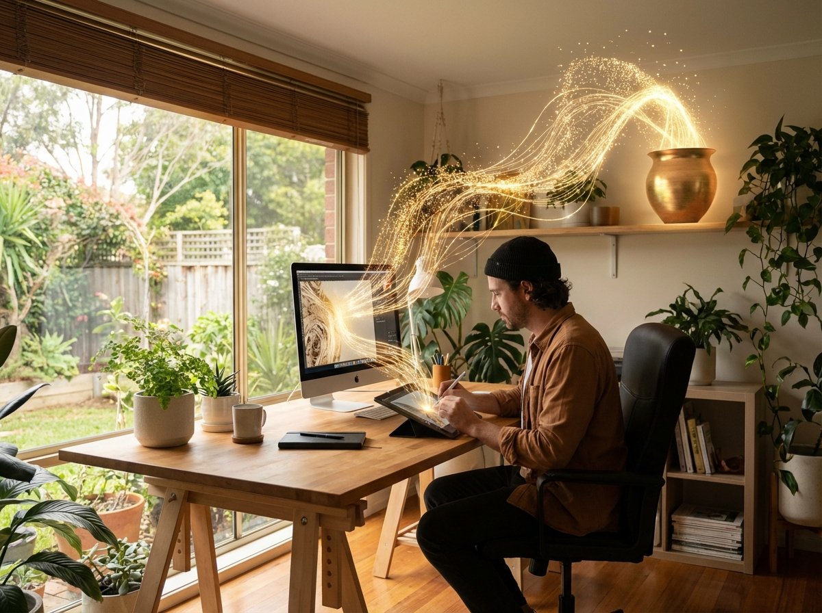 A creative professional working at a modern desk with digital assets turning into golden light streams, representing monetization of content, warm lighting, natural setting, 4:3, no text