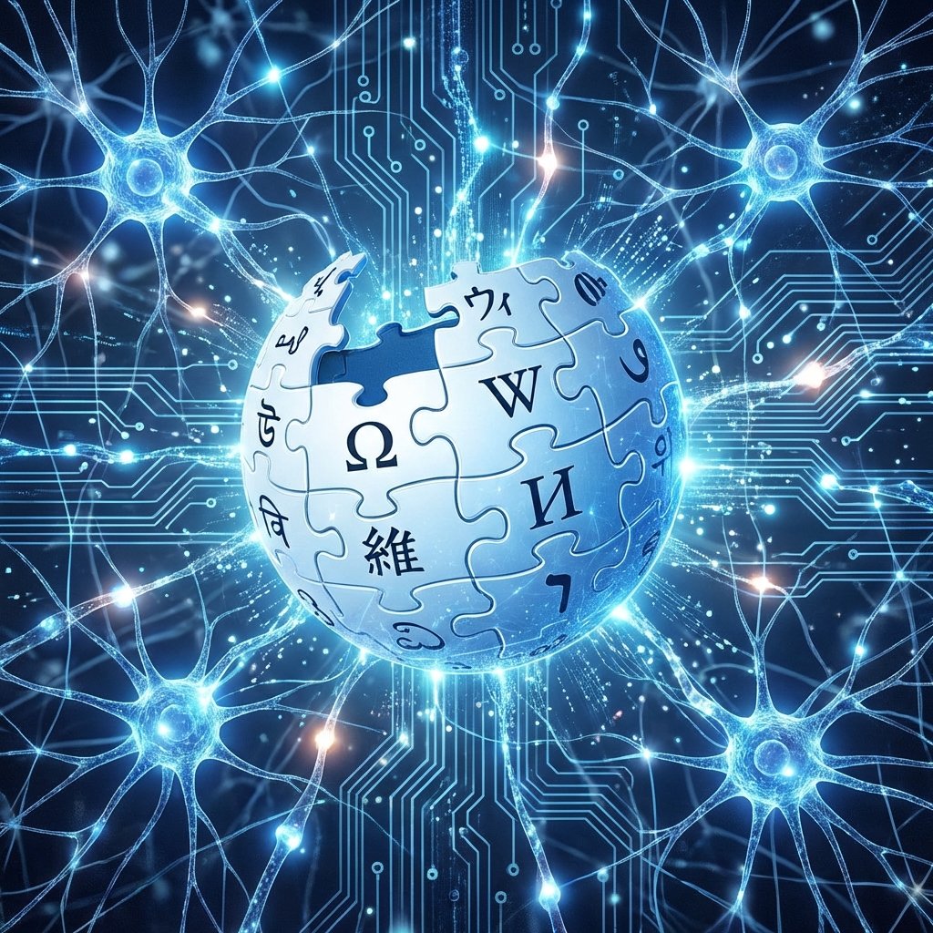 A high-tech digital concept showing the Wikipedia logo globe floating in a center of glowing neural networks and circuit patterns, representing artificial intelligence and human knowledge integration, futuristic blue and white tones, 1:1 aspect ratio, no text.