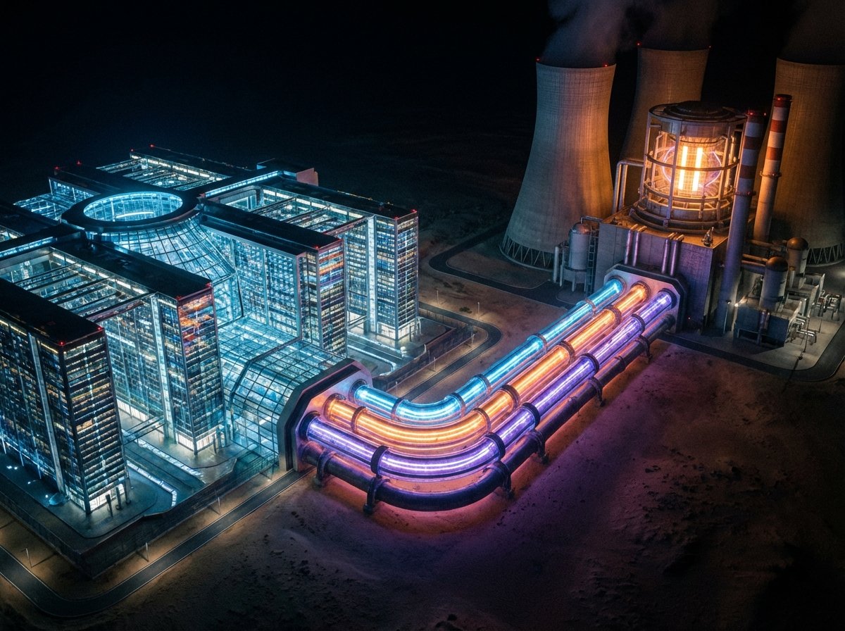 A futuristic AI data center connected to a massive modern power plant with glowing energy lines, cinematic lighting, high contrast, professional photography style, 4:3, no text