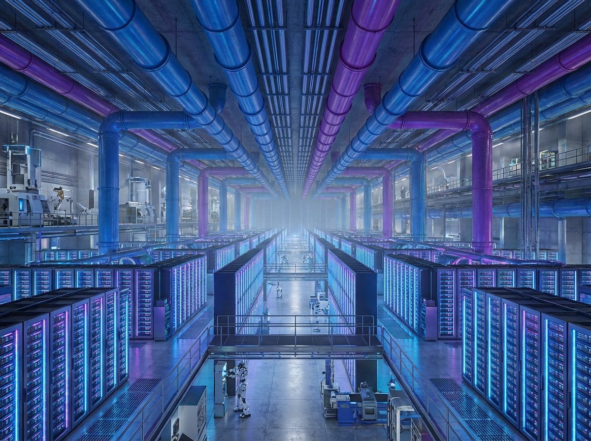 An immense, futuristic data center with rows of glowing server racks stretching into the distance, blue and purple cooling pipes, high-tech industrial aesthetic, wide angle shot, 4:3 aspect ratio, no text.