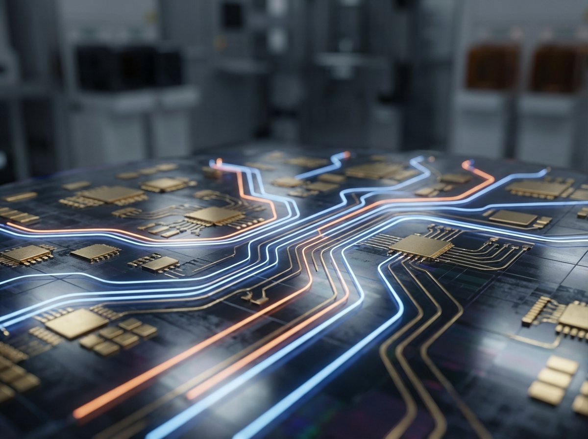 Detailed close-up of a sophisticated silicon wafer with intricate golden circuits, glowing light patterns representing data flow, macro photography, cinematic lighting, 4:3 aspect ratio, no text.