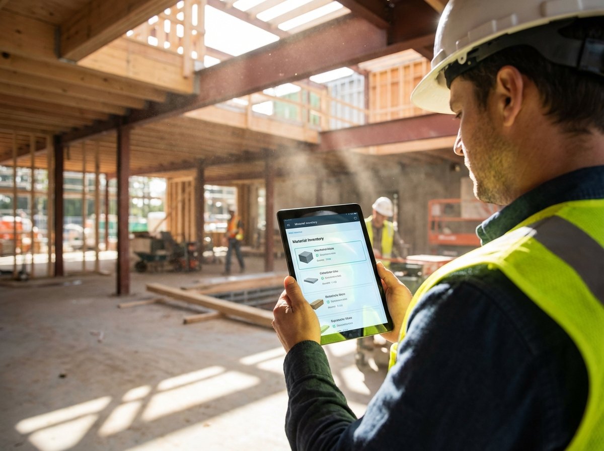 A professional contractor on a modern construction site holding a tablet showing a clean digital interface for material management. Sunlight filtering through unfinished beams. High quality lifestyle photography 4:3 aspect ratio no visible text.