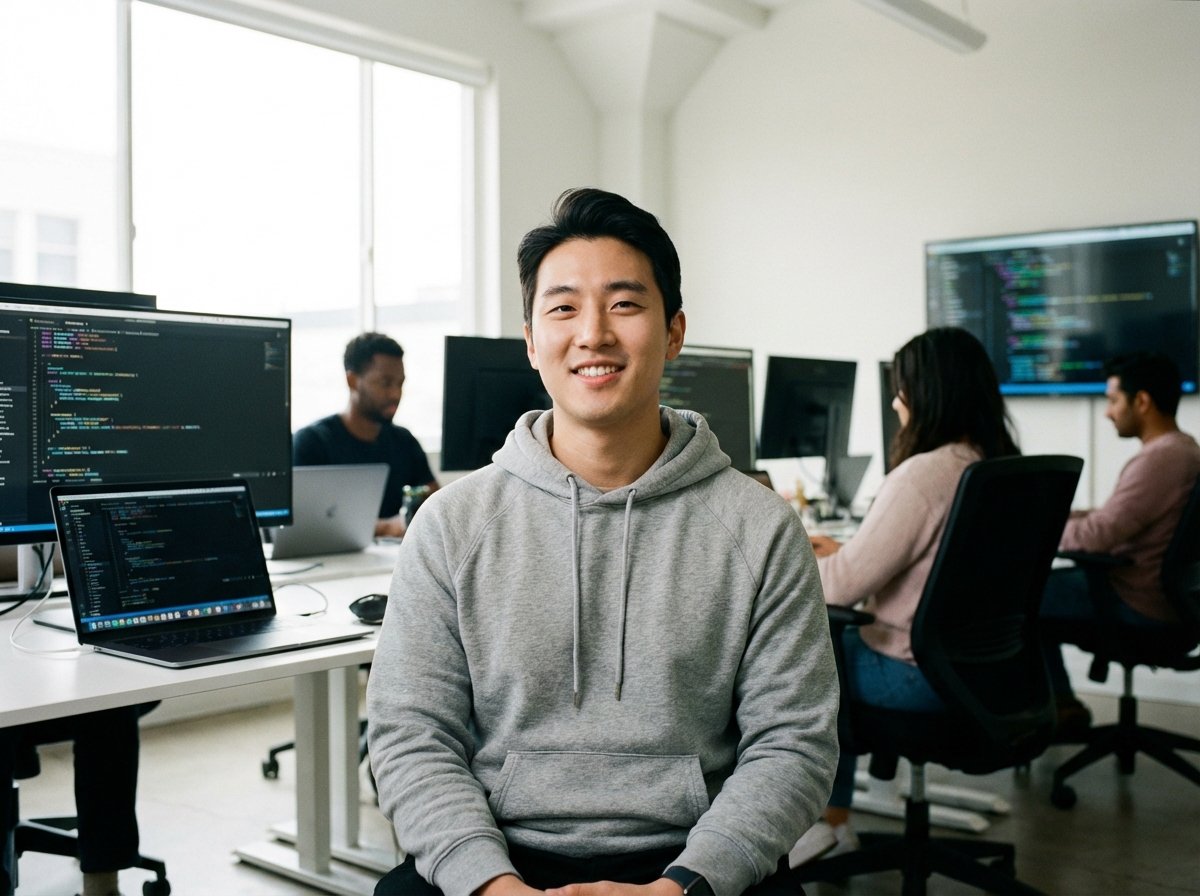 A realistic shot of a confident 20-something Korean male tech founder sitting in a modern minimalist startup office in San Francisco, wearing a simple hoodie, soft natural lighting from a large window, high-tech atmosphere, 4:3 aspect ratio, no visible text