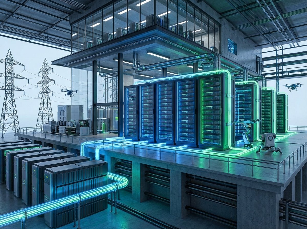 A futuristic AI data center integrated with advanced power grid infrastructure and energy storage systems, glowing blue and green lights, modern industrial architectural style, high-tech environment, 4:3, no text